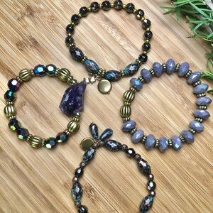 4 Piece Stretch Stacking Bracelet Set Amethyst Stone and Golden Charms